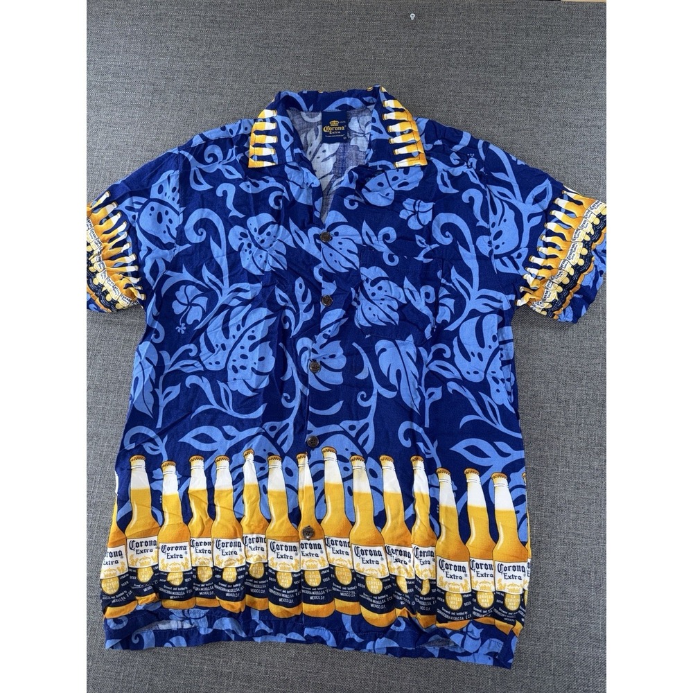 Corona Extra Hawaiian Shirt Mens XL Blue Beer Bottle Print Aloha Button Up Party
